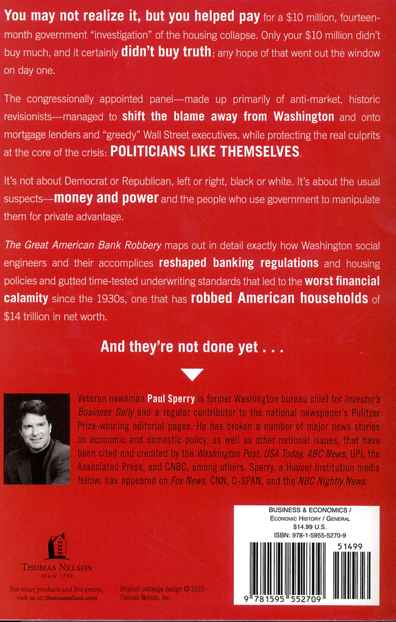 Picture of the back cover of the book entitled The Great American Bank Robbery.