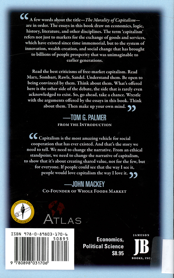 Picture of the back cover of the book entitled The Morality of Capitalism.