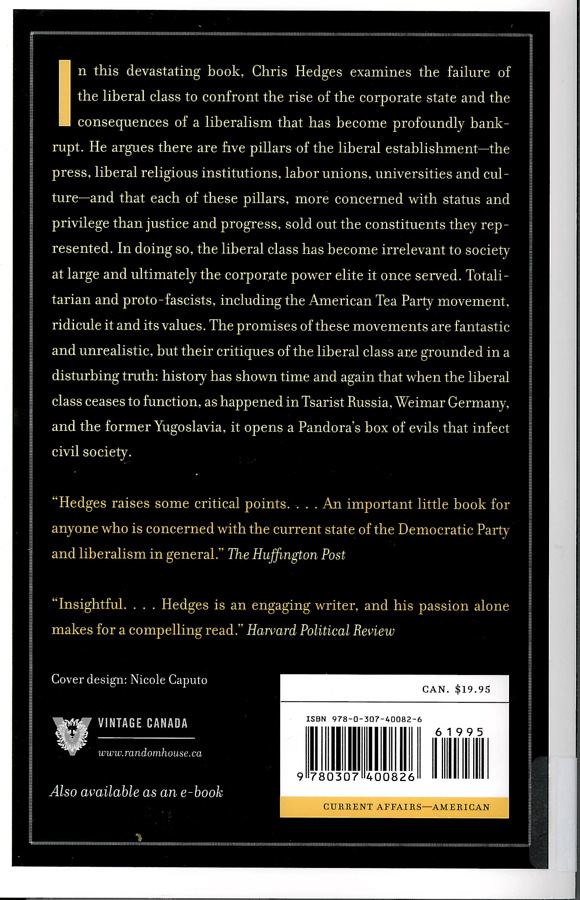 Picture of the back cover of the book entitled Death of the Liberal Class.