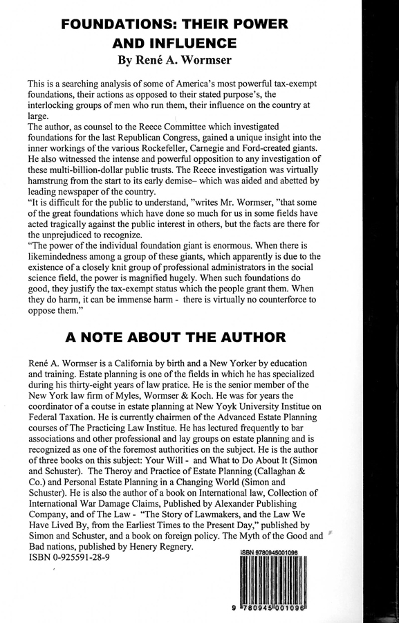 Picture of the back cover of the book entitled Foundations: Their Power and Influence.