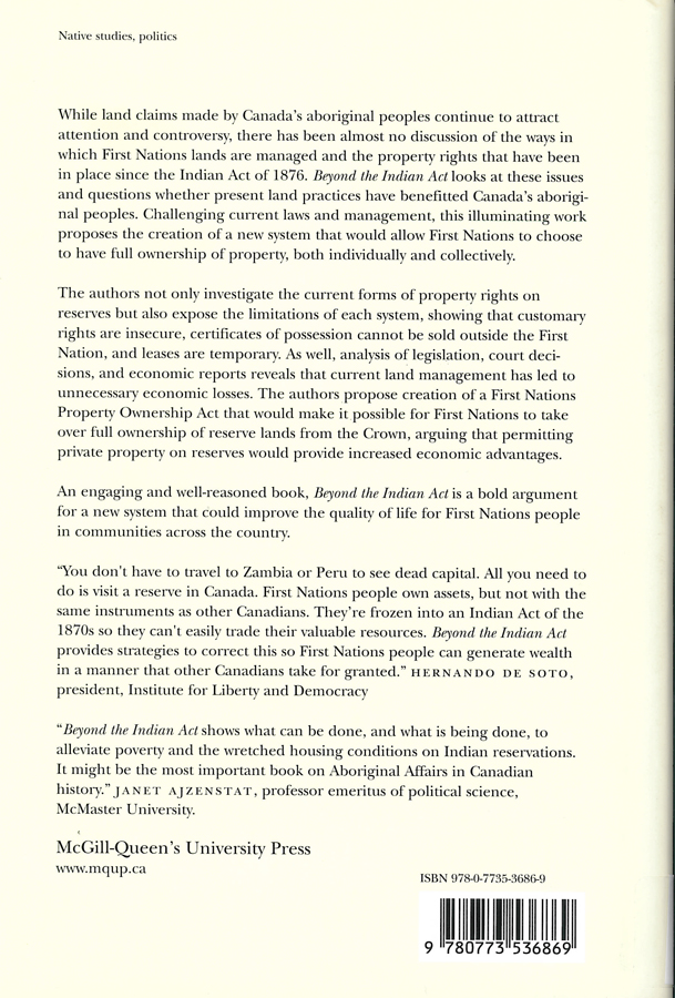 Picture of the back cover of the book entitled Beyond the Indian Act.