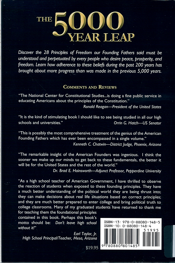 Picture of the back cover of the book entitled The 5000 Year Leap.
