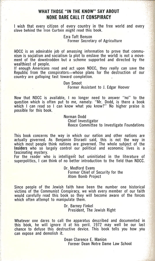 Picture of the back cover of the book entitled None Dare Call It Conspiracy.