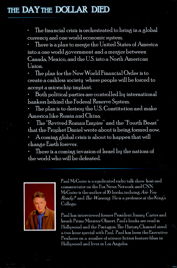 Picture of the back cover of the book entitled The Day the Dollar Died.