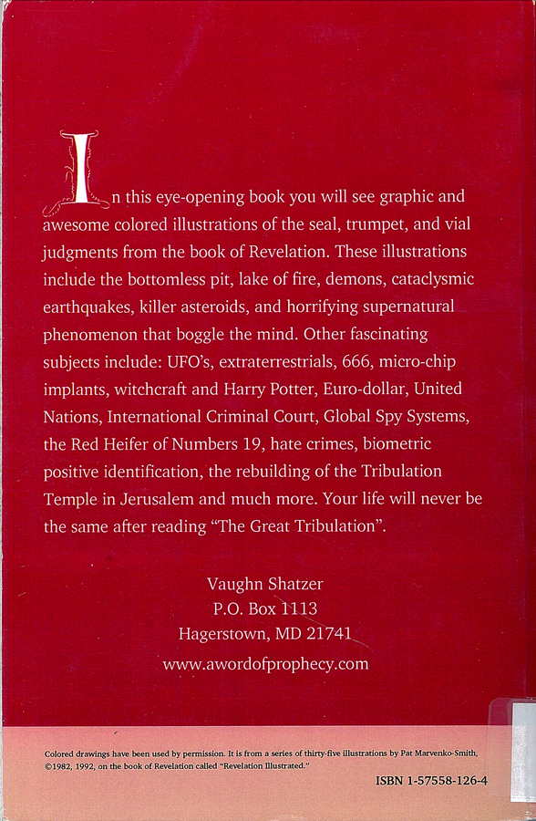 Picture of the back cover of the book entitled The Great Tribulation.