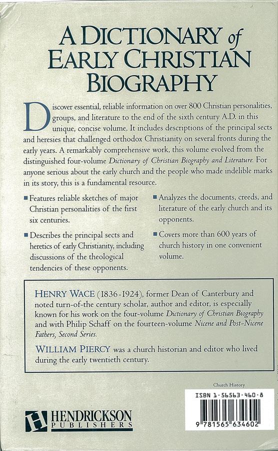 Picture of the back cover of the book entitled A Dictionary of Early Christian Biography.
