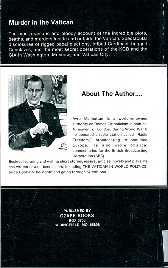 Picture of the back cover of the book entitled Murder in the Vatican.