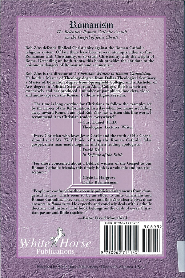 Picture of the back cover of the book entitled Romanism.