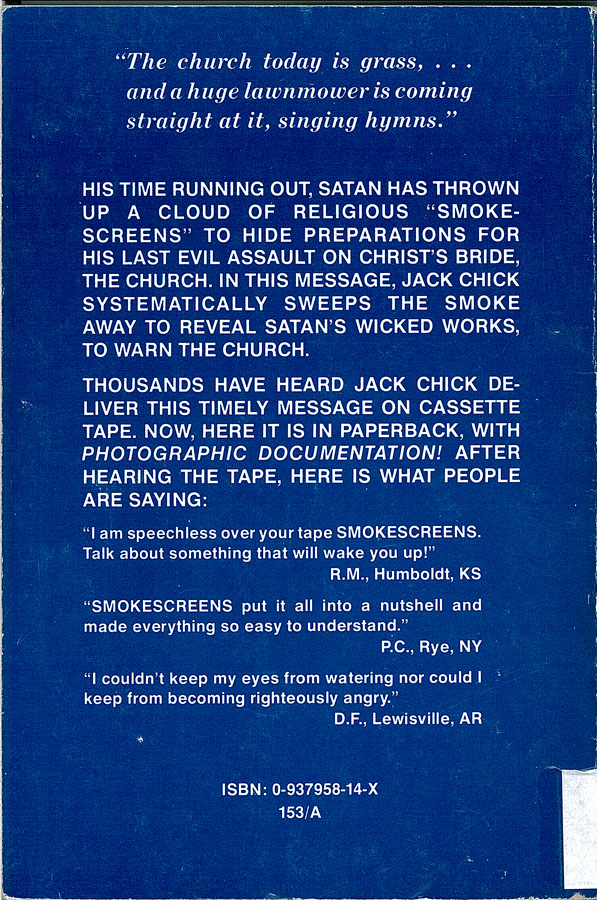 Picture of the back cover of the book entitled Smokescreens.