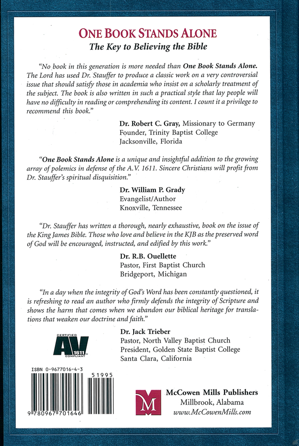 Picture of the back cover of the book entitled One Book Stands Alone.