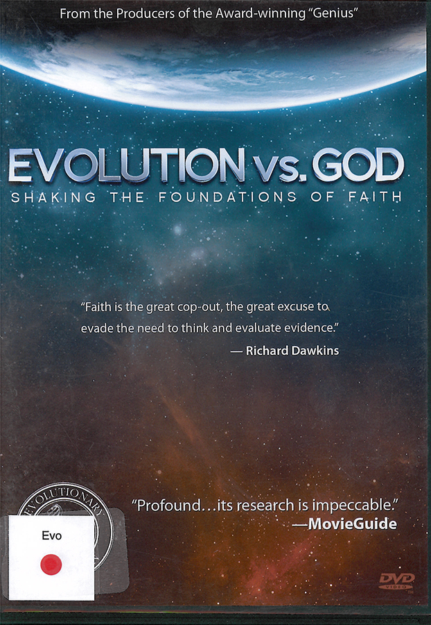 Picture of the front cover of the DVD entitled Evolution vs. God: Shaking the Foundations of Faith.
