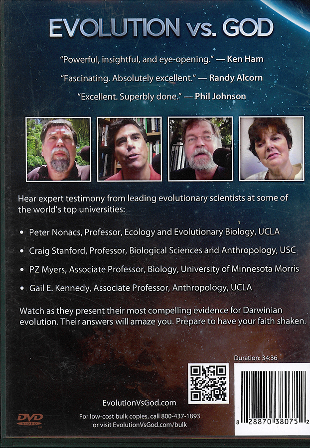 Picture of the back cover of the DVD entitled Evolution vs. God: Shaking the Foundations of Faith.