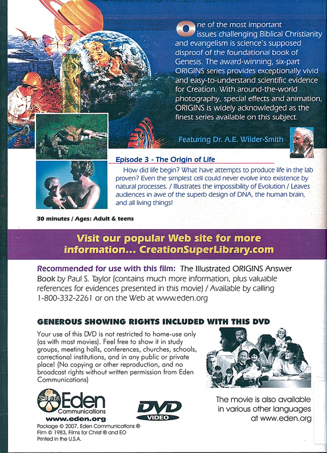 Picture of the back cover of the DVD entitled Origins: The Origin of Life.