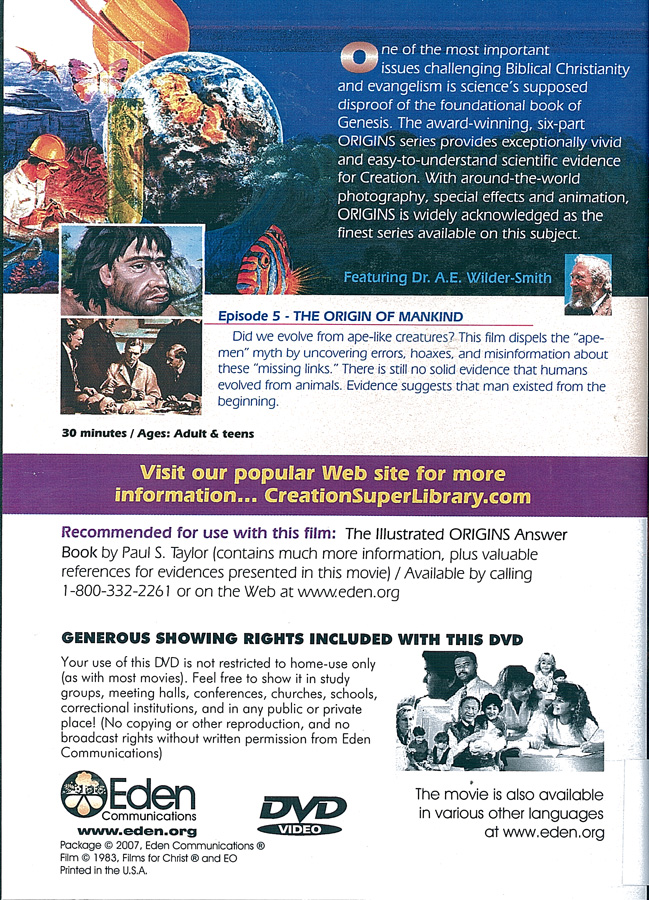Picture of the back cover of the DVD entitled Origins: The Origin of Mankind.