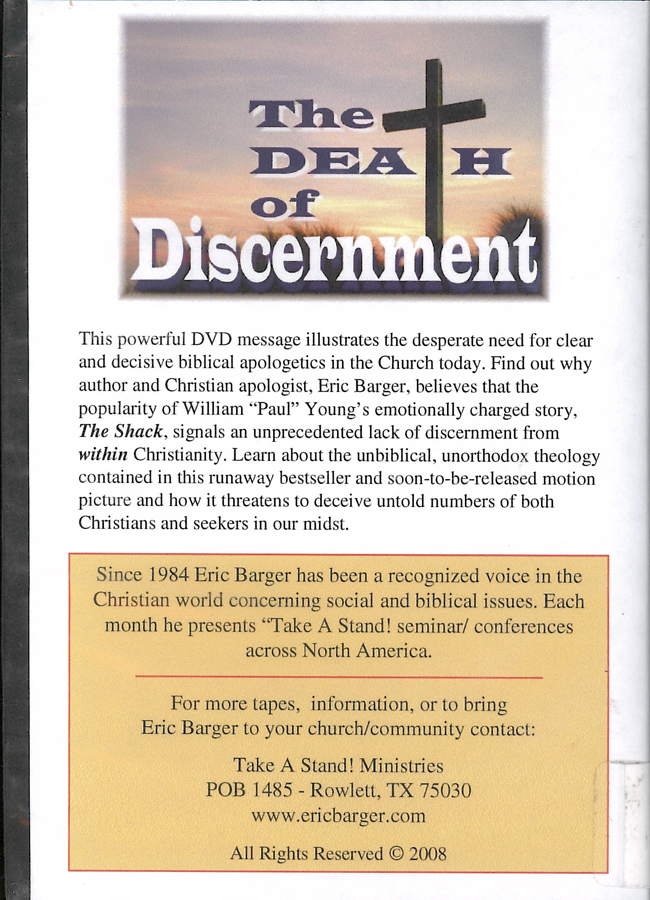 Picture of the back cover of the DVD entitled The Death of Discernment.