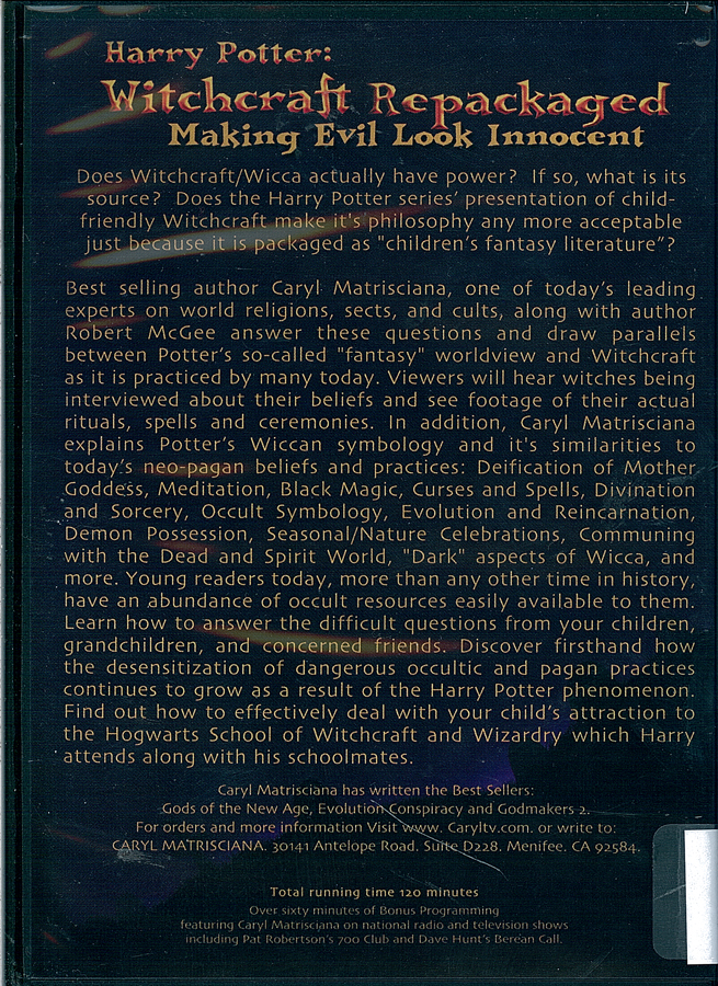 Picture of the back cover of the DVD entitled Harry Potter: Witchcraft Repackaged.