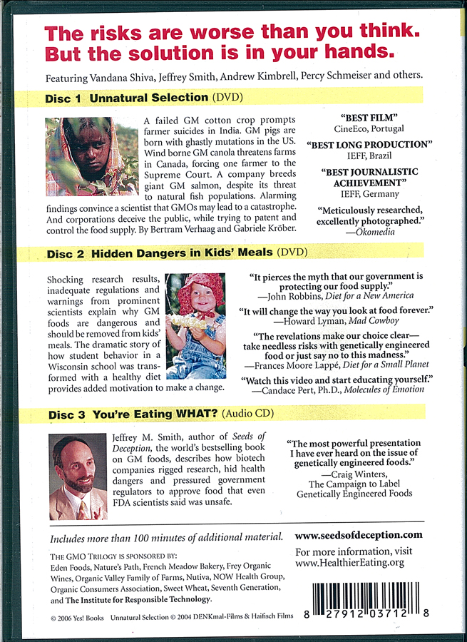 Picture of the back cover of the DVD entitled The GMO Trilogy.