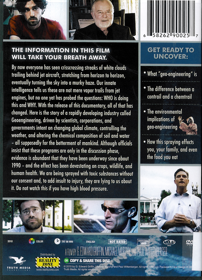 Picture of the back cover of the DVD entitled What in the World Are They Spraying?.