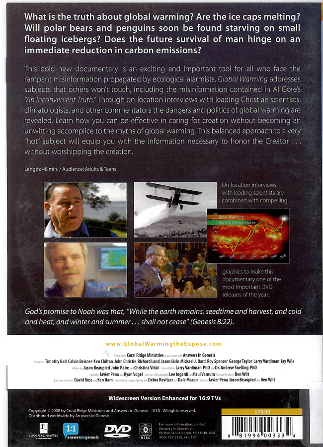 Picture of the back cover of the DVD entitled Global Warming: A Scientific and Biblical Expose.