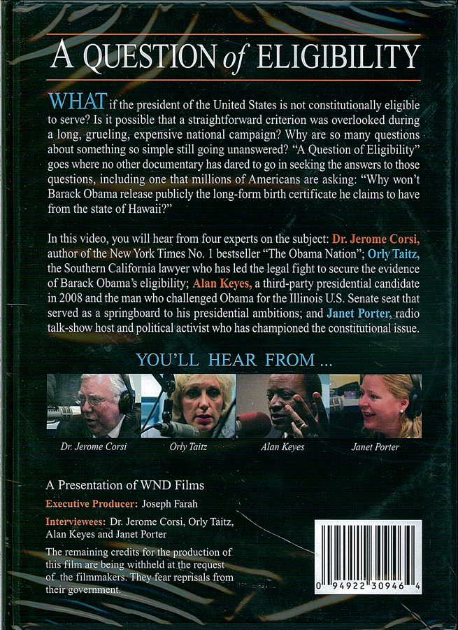Picture of the back cover of the DVD entitled A Question of Eligibility: Is Obama's Presidency Constitutionally Legitimate?.
