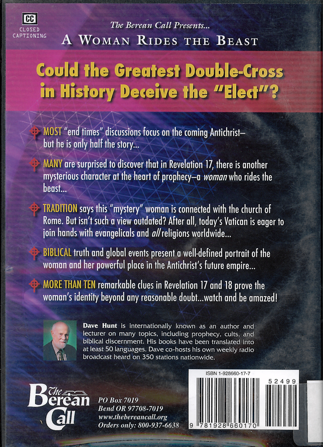 Picture of the back cover of the DVD entitled A Woman Rides The Beast: The Roman Catholic Church And The Last Days.
