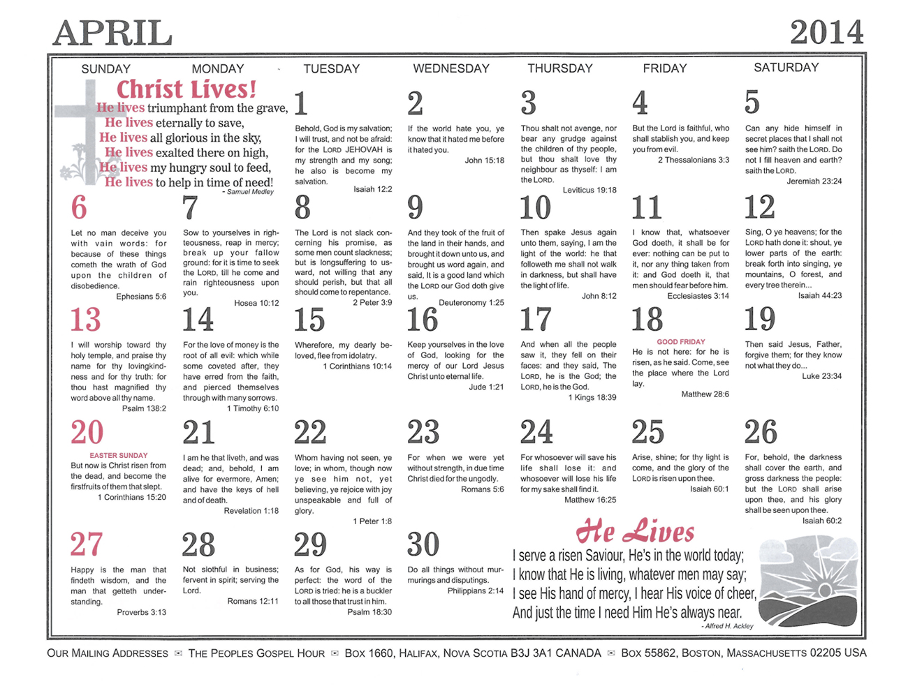 April: 2014 The Peoples Gospel Hour Calendar