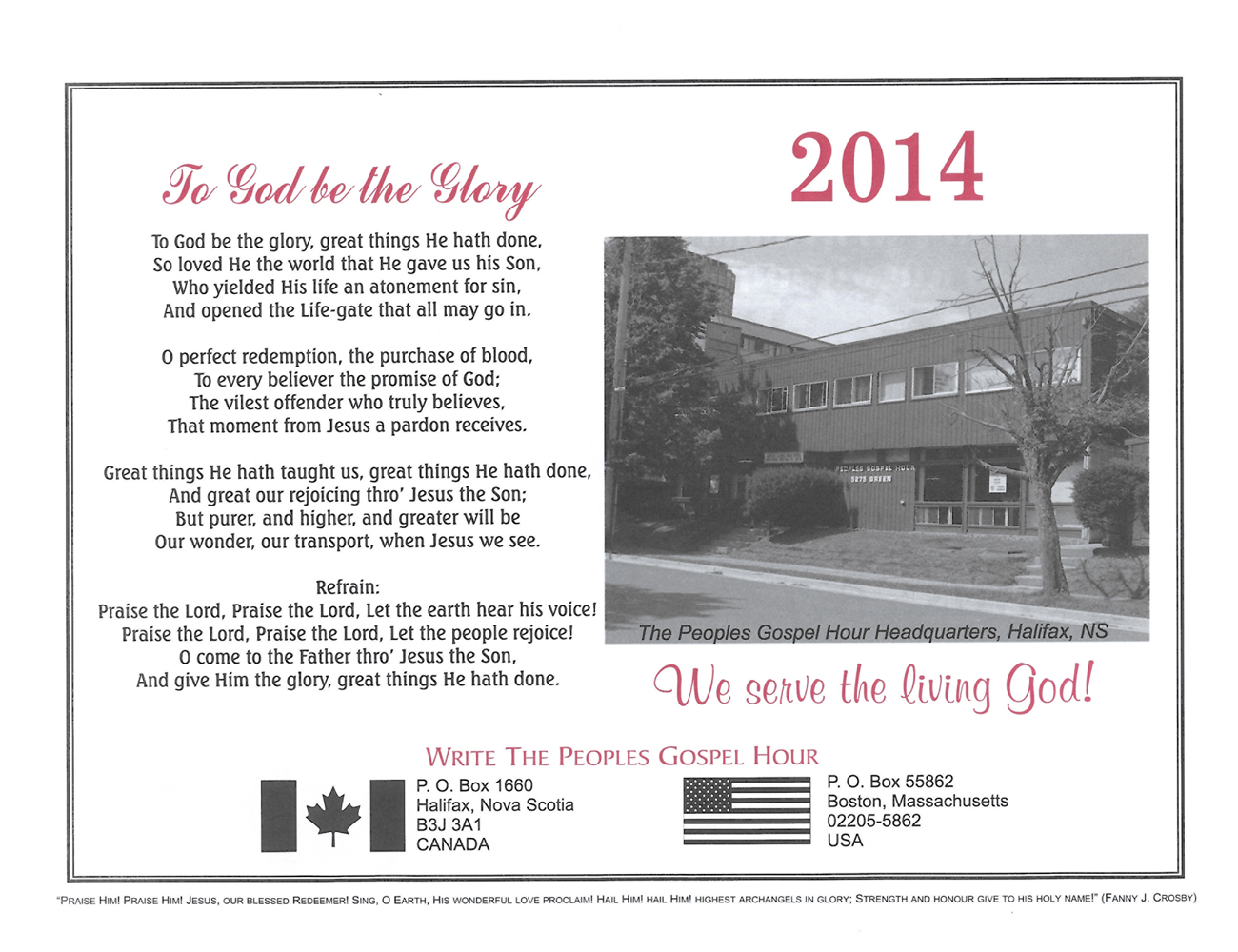 Inside Cover: 2014 The Peoples Gospel Hour Calendar