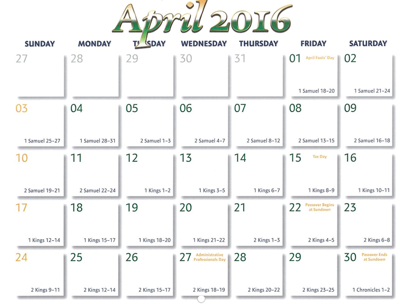 2016 Prophecy Calendar: April - Calendar