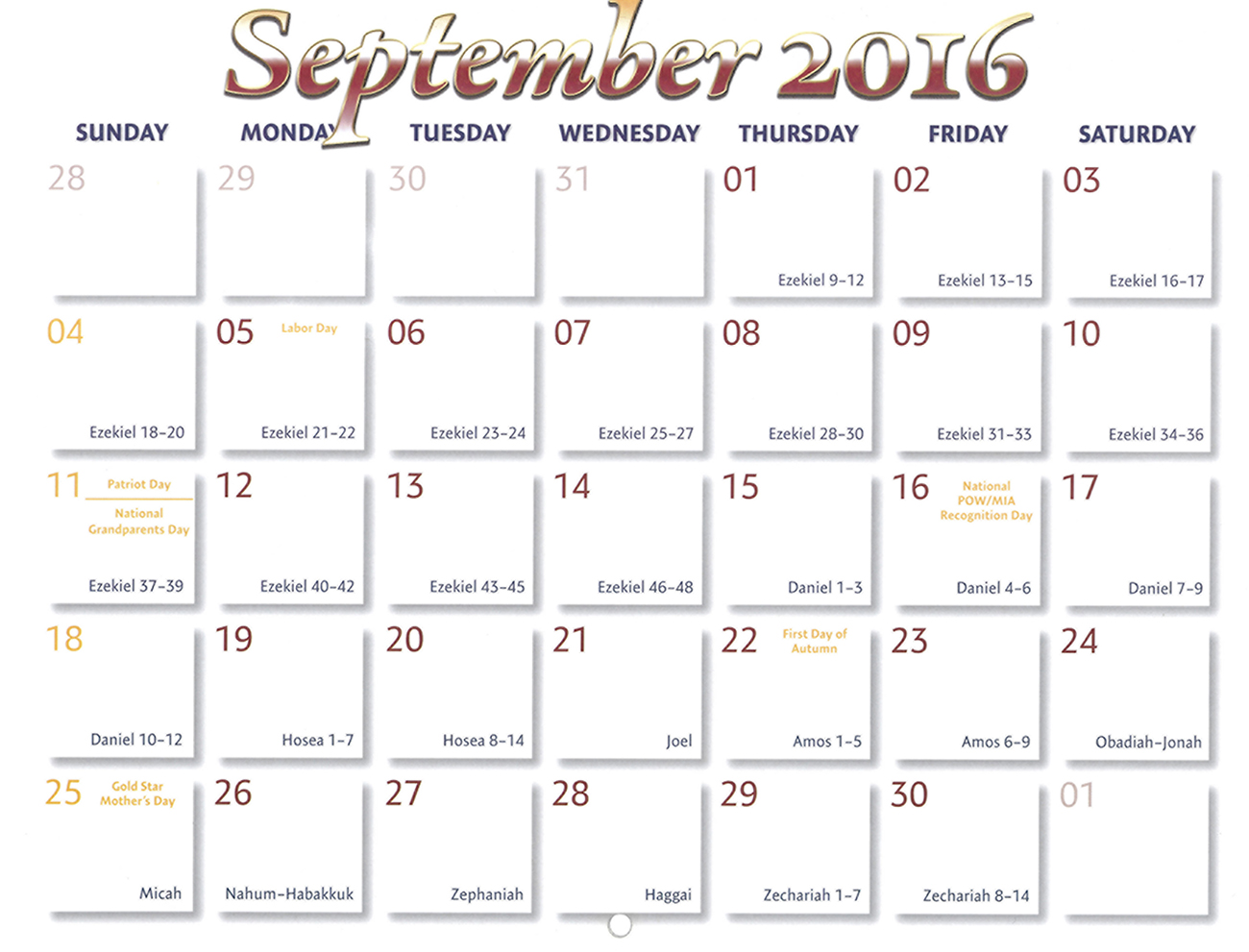 2016 Prophecy Calendar: September - Calendar