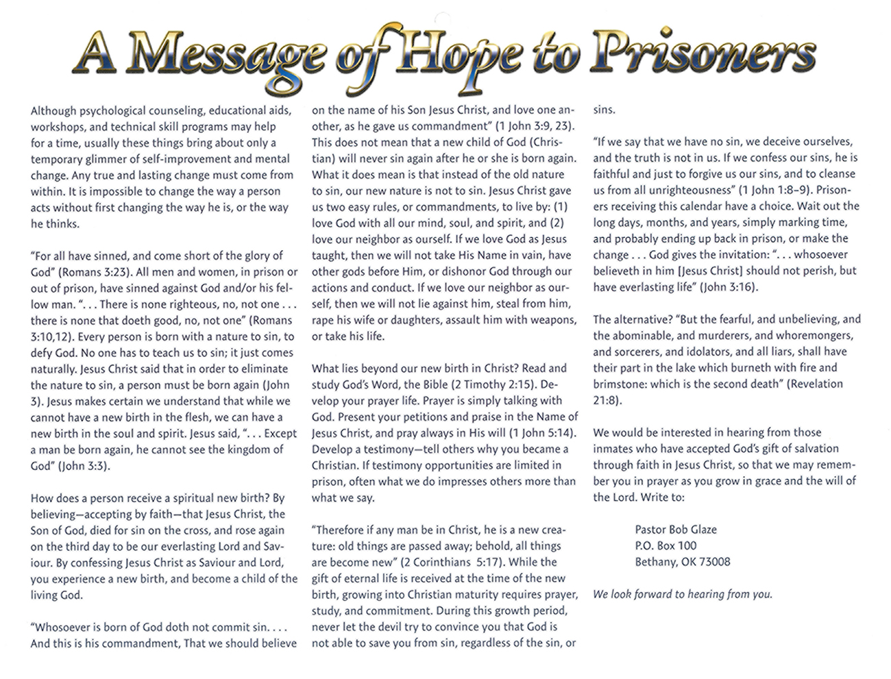 2016 Prophecy Calendar: A Message of Hope to Prisoners